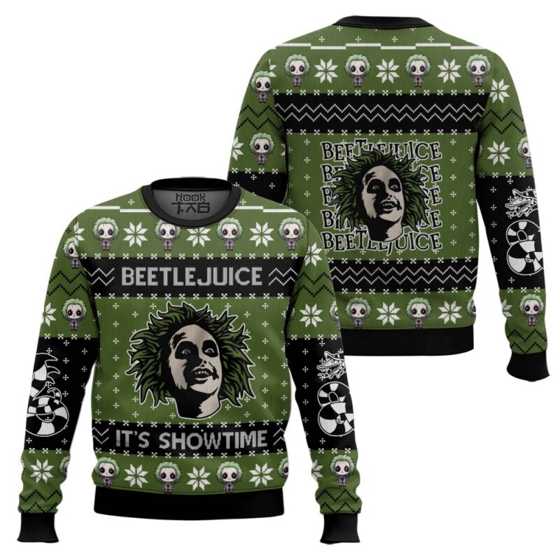 Hooktab Beetlejuice It's Showtime Ugly Christmas Sweater Hooktab Beetlejuice It's Showtime Ugly Christmas Sweater