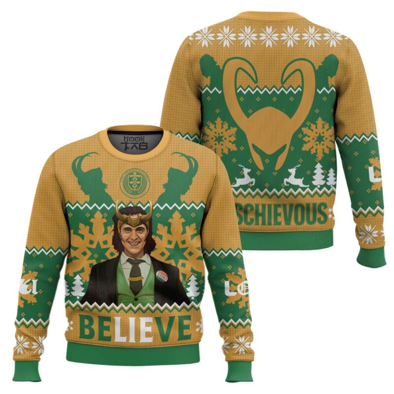Hooktab Believe Loki Marvel Ugly Christmas Sweater Hooktab Believe Loki Marvel Ugly Christmas Sweater
