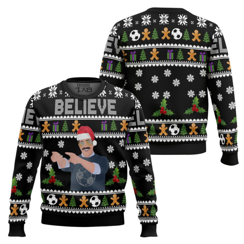 Hooktab Believe Ted Lasso Ugly Christmas Sweater Hooktab Believe Ted Lasso Ugly Christmas Sweater