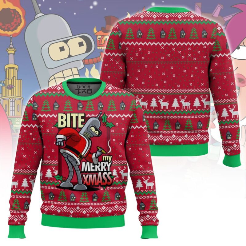 Hooktab Bite My Merry Xmass Futurama Ugly Christmas Sweater Hooktab Bite My Merry Xmass Futurama Ugly Christmas Sweater