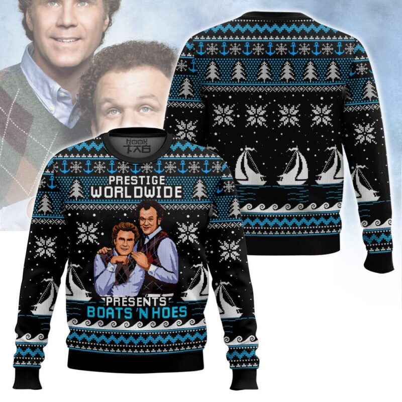 Hooktab Black Boats 'N Hoes Step Brothers Ugly Christmas Sweater Hooktab Black Boats 'N Hoes Step Brothers Ugly Christmas Sweater
