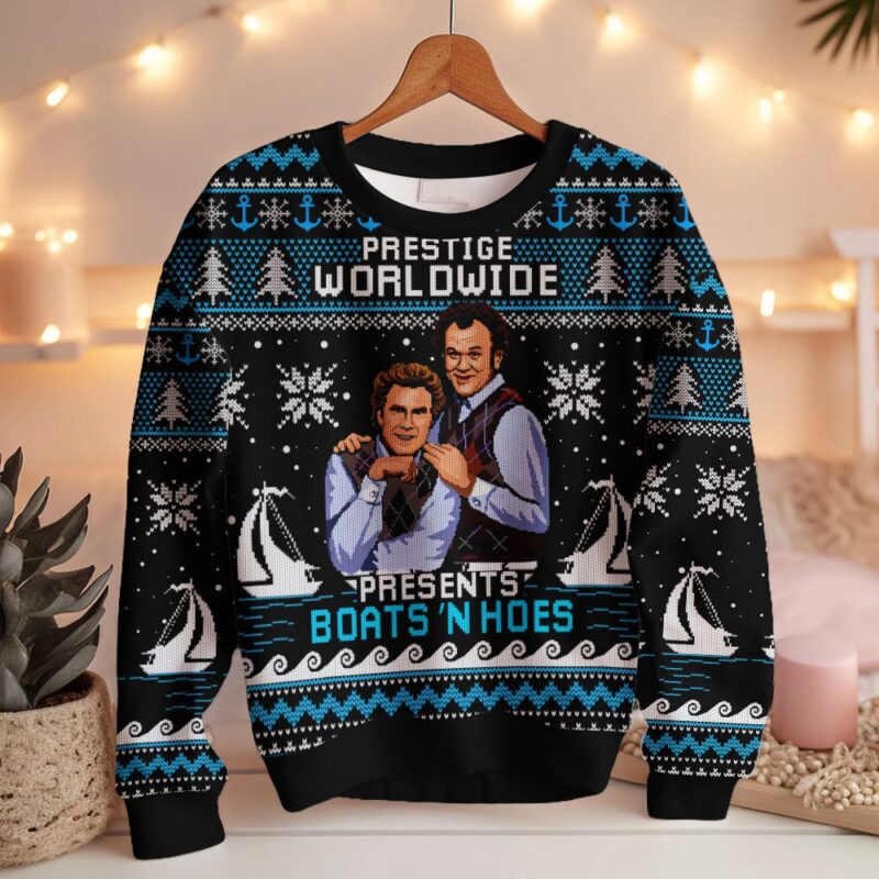 Hooktab Black Boats 'N Hoes Step Brothers Ugly Christmas Sweater Hooktab Black Boats 'N Hoes Step Brothers Ugly Christmas Sweater