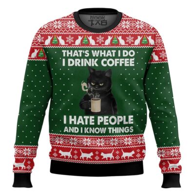 Hooktab Black Cat Drink Coffee, Hate People And Know Thing Ugly Christmas Sweater
