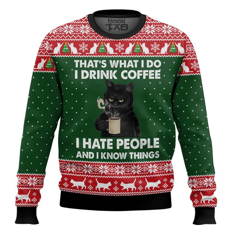 Hooktab Black Cat Drink Coffee, Hate People And Know Thing Ugly Christmas Sweater