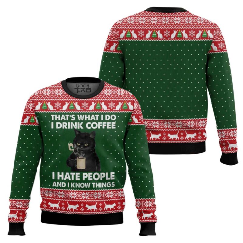 Hooktab Black Cat Drink Coffee, Hate People And Know Thing Ugly Christmas Sweater Hooktab Black Cat Drink Coffee, Hate People And Know Thing Ugly Christmas Sweater