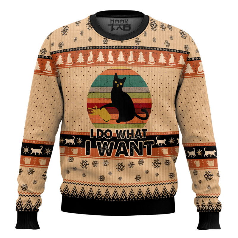 Hooktab Black Cat I Do What I Want Ugly Christmas Sweater