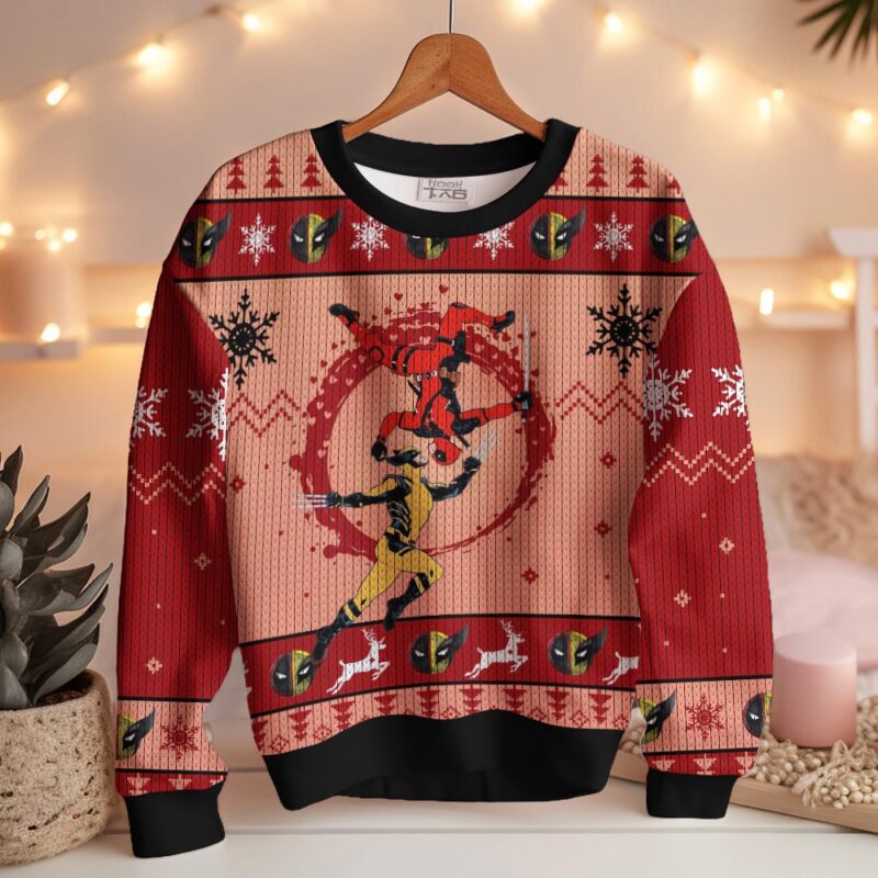 Hooktab Blood Dance Deadpool & Wolverine Ugly Christmas Sweater Hooktab Blood Dance Deadpool & Wolverine Ugly Christmas Sweater