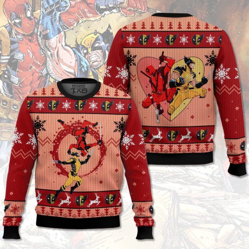 Hooktab Blood Dance Deadpool & Wolverine Ugly Christmas Sweater Hooktab Blood Dance Deadpool & Wolverine Ugly Christmas Sweater