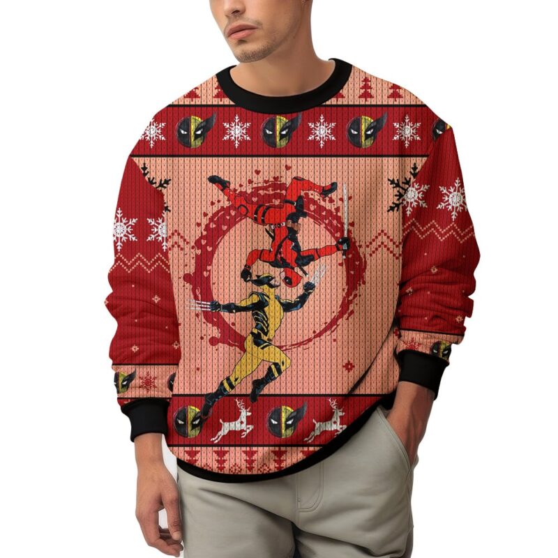 Hooktab Blood Dance Deadpool & Wolverine Ugly Christmas Sweater Hooktab Blood Dance Deadpool & Wolverine Ugly Christmas Sweater