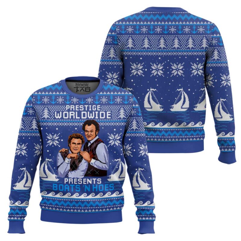 Hooktab Blue Boats 'N Hoes Step Brothers Ugly Christmas Sweater Hooktab Blue Boats 'N Hoes Step Brothers Ugly Christmas Sweater