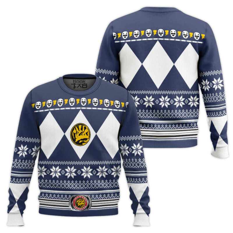 Hooktab Blue Ranger Mighty Morphin Power Ranger Ugly Christmas Sweater Hooktab Blue Ranger Mighty Morphin Power Ranger Ugly Christmas Sweater