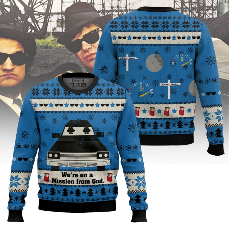 Hooktab Blues Brothers We're On A Mission From God Ugly Christmas Sweater Hooktab Blues Brothers We're On A Mission From God Ugly Christmas Sweater