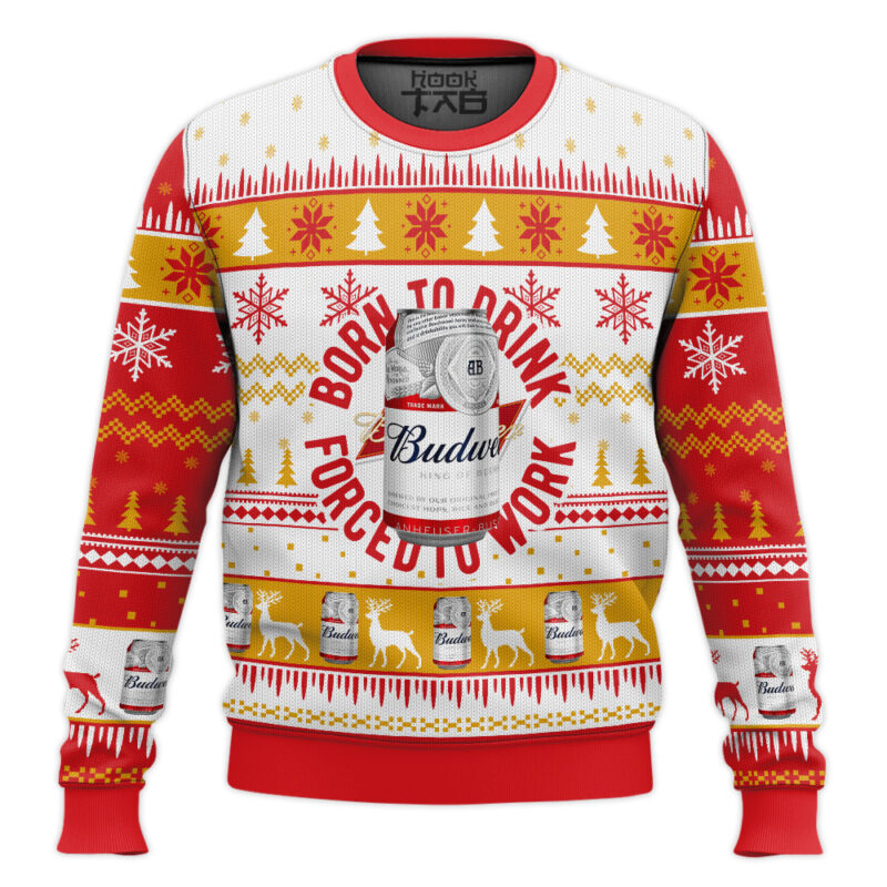 Hooktab Born To Drink Budweiser Ugly Christmas Sweater