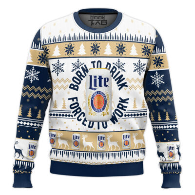 Hooktab Born To Drink Miller Lite Ugly Christmas Sweater