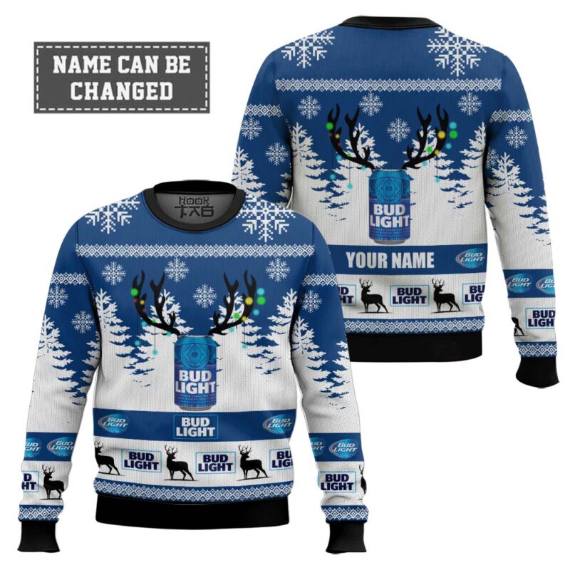 Hooktab Bud Light Beer - Custom Name Ugly Christmas Sweater Hooktab Bud Light Beer - Custom Name Ugly Christmas Sweater