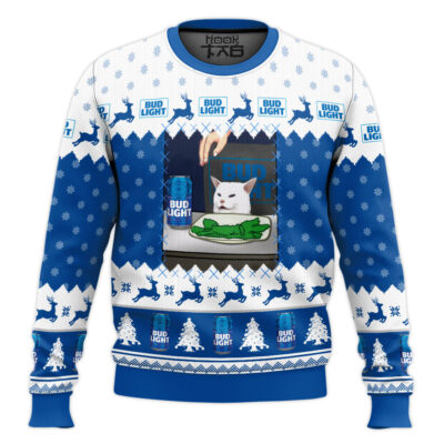 Hooktab Bud Light Cat Meme Ugly Christmas Sweater