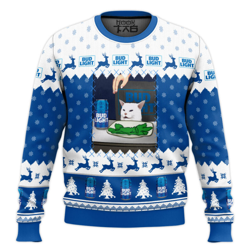 Hooktab Bud Light Cat Meme Ugly Christmas Sweater Hooktab Bud Light Cat Meme Ugly Christmas Sweater