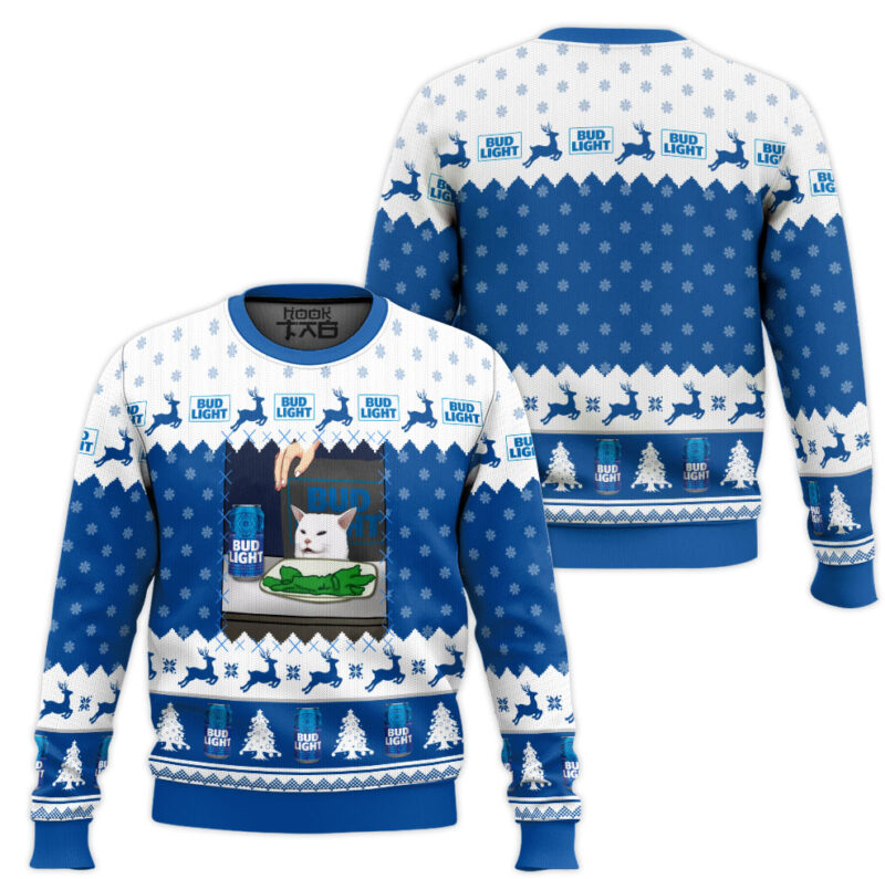 Hooktab Bud Light Cat Meme Ugly Christmas Sweater Hooktab Bud Light Cat Meme Ugly Christmas Sweater