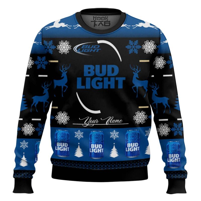 Hooktab Bud Light Lager - Custom Name Ugly Christmas Sweater