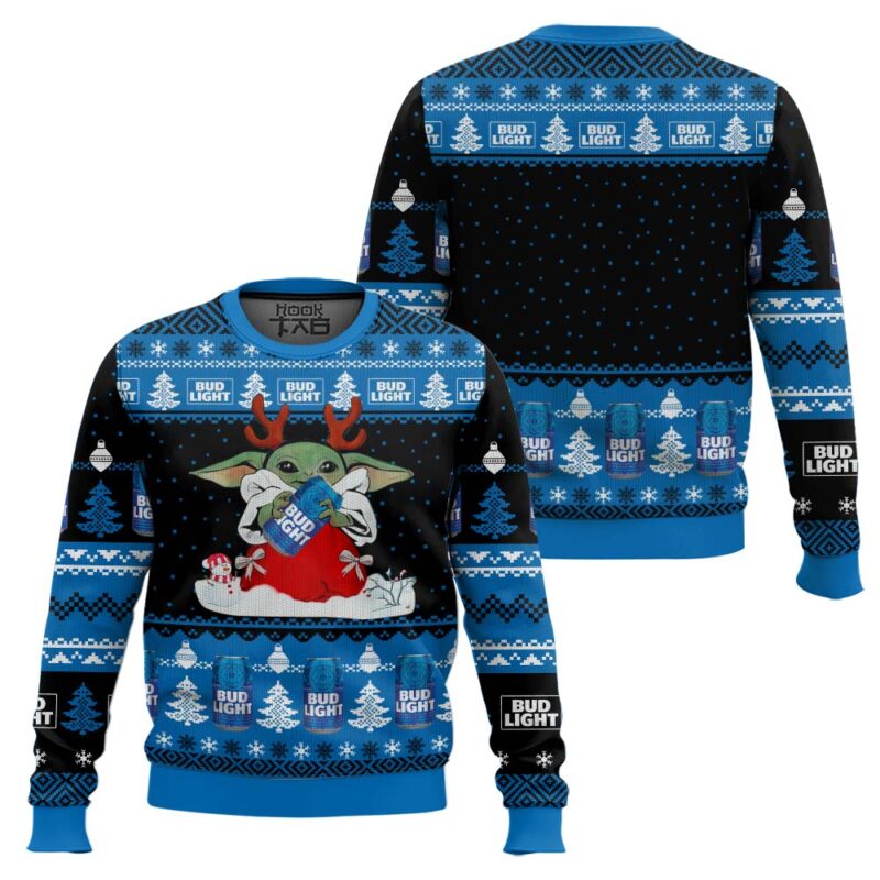Hooktab Bud Light Yoda Ugly Christmas Sweater Hooktab Bud Light Yoda Ugly Christmas Sweater