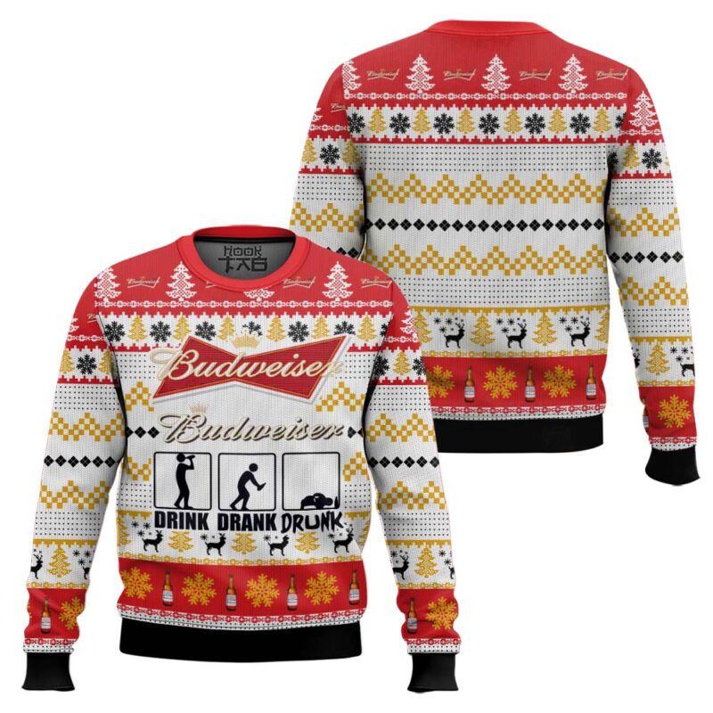Hooktab Budweiser Drink Drank Drunk Ugly Christmas Sweater Hooktab Budweiser Drink Drank Drunk Ugly Christmas Sweater