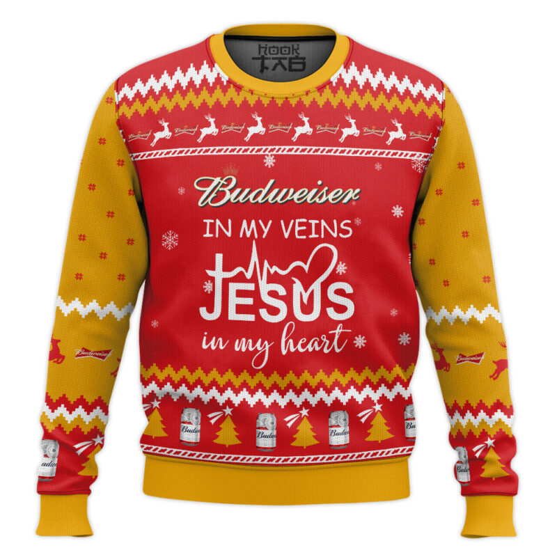 Hooktab Budweiser In My Vein Ugly Christmas Sweater
