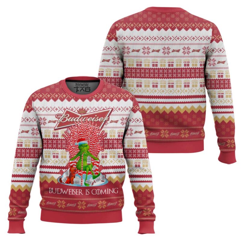 Hooktab Budweiser Is Coming Ugly Christmas Sweater Hooktab Budweiser Is Coming Ugly Christmas Sweater