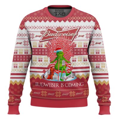 Hooktab Budweiser Is Coming Ugly Christmas Sweater