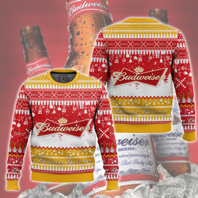 Hooktab Budweiser Lager Beer Ugly Christmas Sweater Hooktab Budweiser Lager Beer Ugly Christmas Sweater