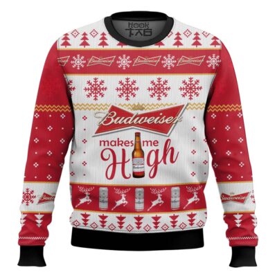 Hooktab Budweiser Makes Me High - Custom Name Ugly Christmas Sweater
