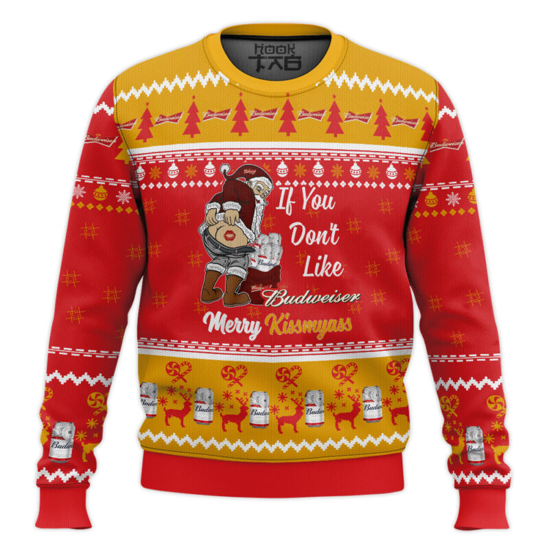 Hooktab Budweiser Merry Kissmyass Ugly Christmas Sweater Hooktab Budweiser Merry Kissmyass Ugly Christmas Sweater