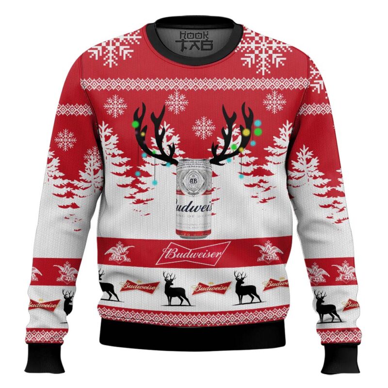 Hooktab Budweiser Reindeer - Custom Name Ugly Christmas Sweater