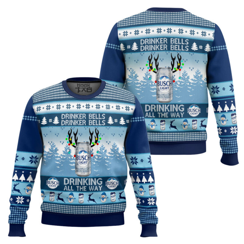 Hooktab Busch Light Drinker Bells Ugly Christmas Sweater Hooktab Busch Light Drinker Bells Ugly Christmas Sweater