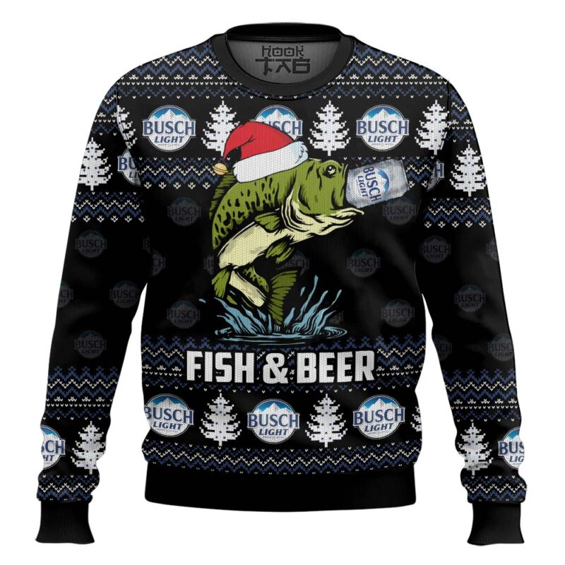Hooktab Busch Light Fish And Beer Ugly Christmas Sweater