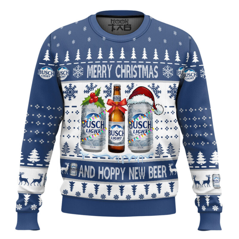 Hooktab Busch Light Merry Christmas And Hoppy New Beer Ugly Christmas Sweater