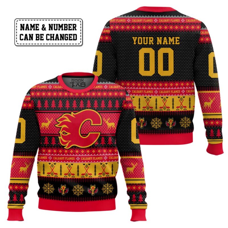 Hooktab Calgary Flames - Custom Name And Number Ugly Sweater Hooktab Calgary Flames - Custom Name And Number Ugly Sweater