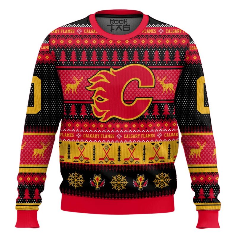 Hooktab Calgary Flames - Custom Name And Number Ugly Sweater