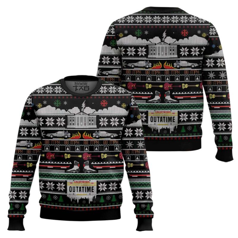 Hooktab California Outatime Back To The Future Ugly Christmas Sweater Hooktab California Outatime Back To The Future Ugly Christmas Sweater