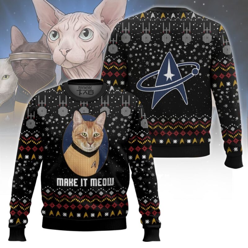 Hooktab Captain Cat Make It Meow Star Trek Ugly Christmas Sweater Hooktab Captain Cat Make It Meow Star Trek Ugly Christmas Sweater