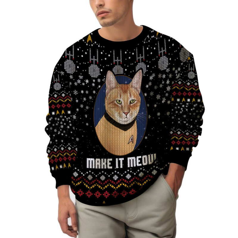 Hooktab Captain Cat Make It Meow Star Trek Ugly Christmas Sweater Hooktab Captain Cat Make It Meow Star Trek Ugly Christmas Sweater
