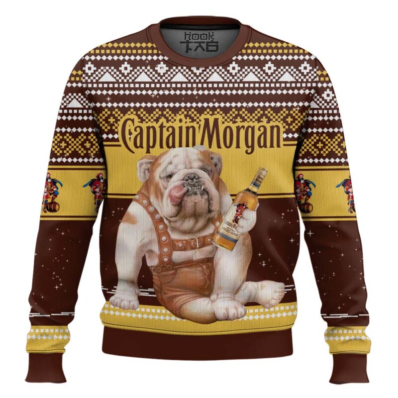 Hooktab Captain Morgan Bulldog Ugly Christmas Sweater Hooktab Captain Morgan Bulldog Ugly Christmas Sweater