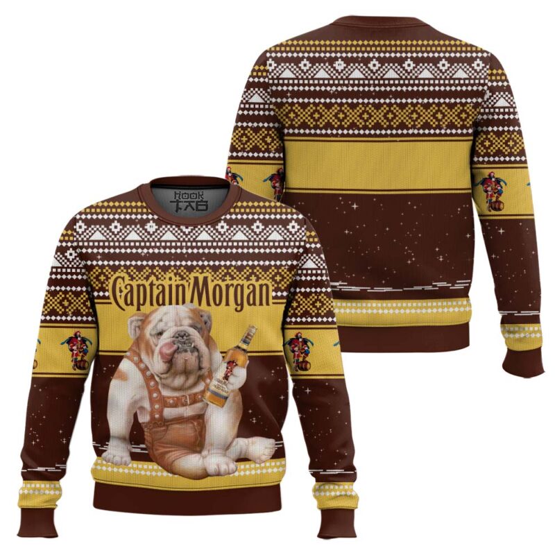Hooktab Captain Morgan Bulldog Ugly Christmas Sweater Hooktab Captain Morgan Bulldog Ugly Christmas Sweater