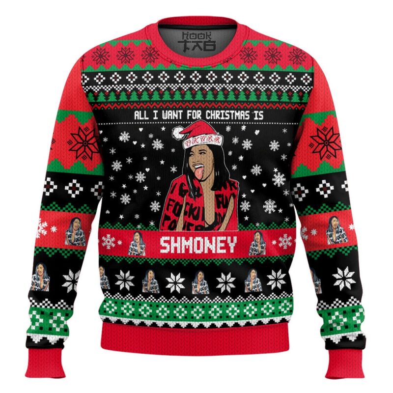 Hooktab Cardi B All I Want Is Shmoney Ugly Christmas Sweater
