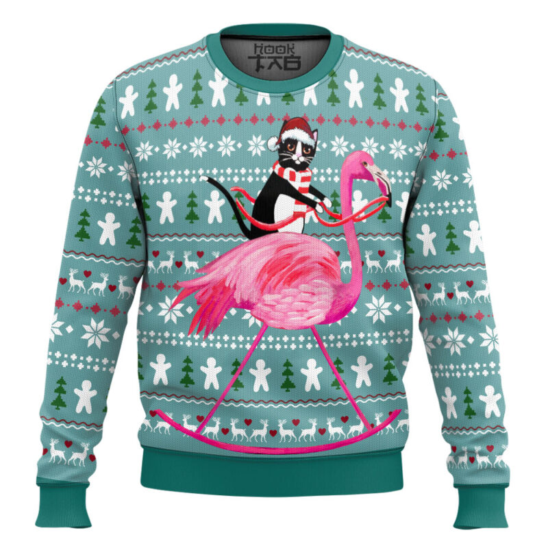 Hooktab Cat And Flamingo Ugly Christmas Sweater
