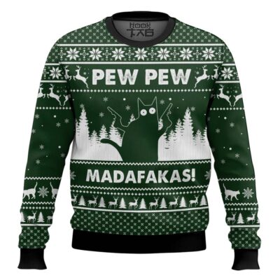 Hooktab Cat Pew Pew Madafakas Ugly Christmas Sweater