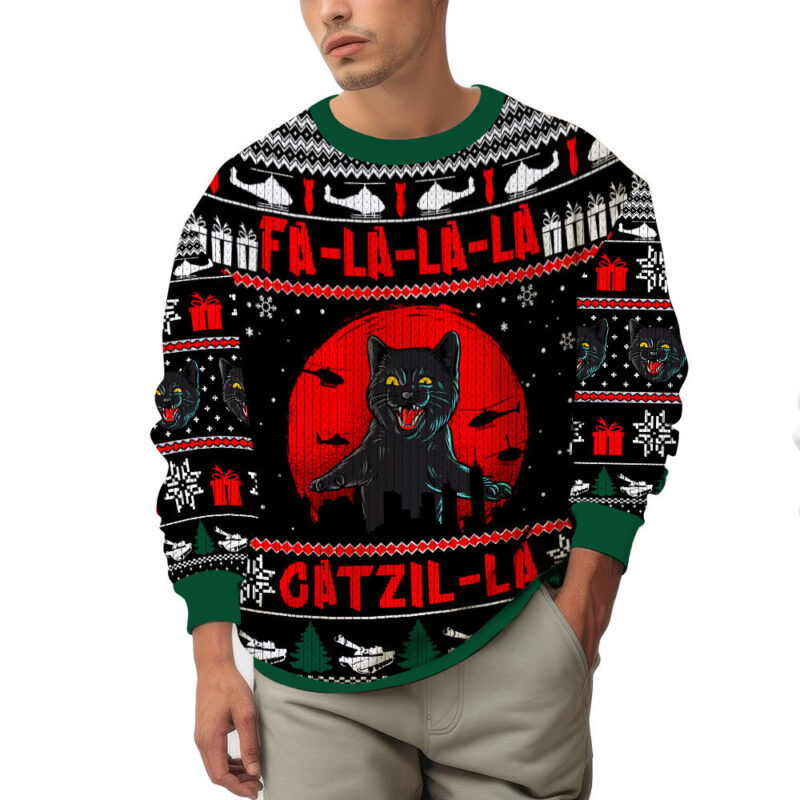 Hooktab Catzila Black Cat Ugly Christmas Sweater Hooktab Catzila Black Cat Ugly Christmas Sweater