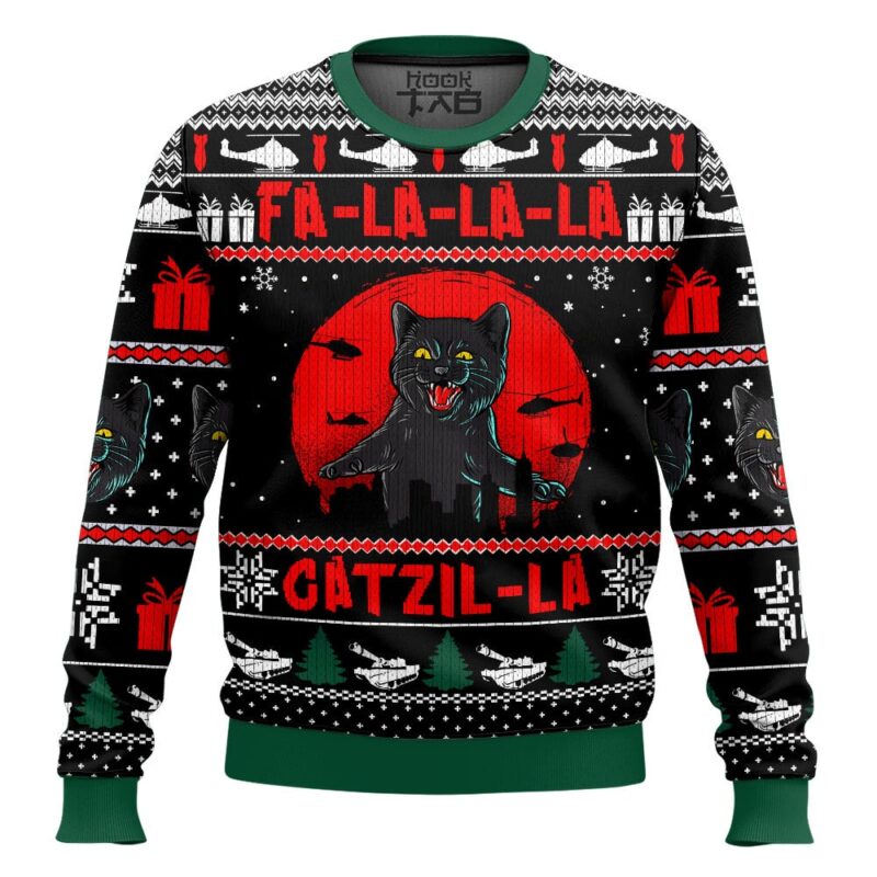 Hooktab Catzila Black Cat Ugly Christmas Sweater