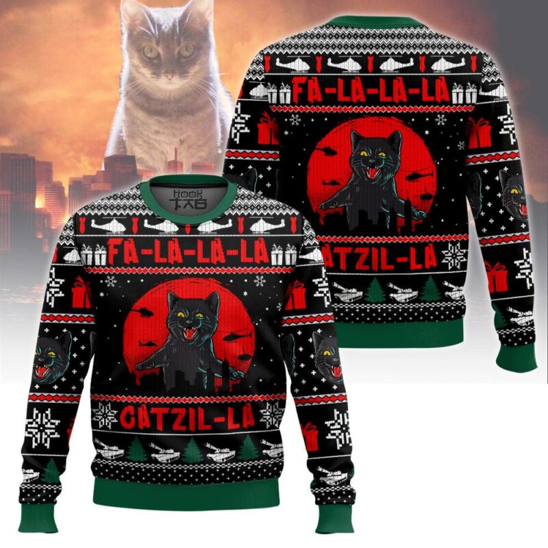 Hooktab Catzila Black Cat Ugly Christmas Sweater Hooktab Catzila Black Cat Ugly Christmas Sweater