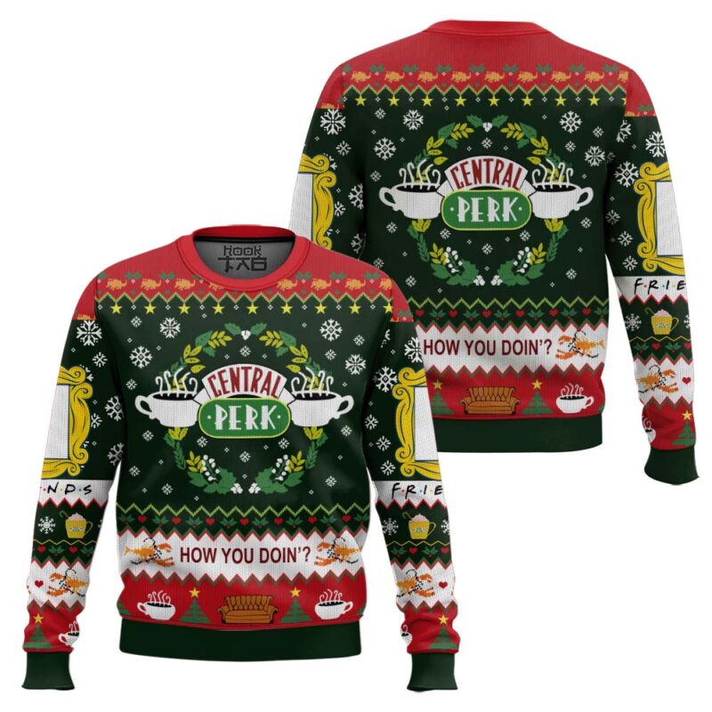 Hooktab Central Perk How You Doin' Friends Ugly Christmas Sweater Hooktab Central Perk How You Doin' Friends Ugly Christmas Sweater