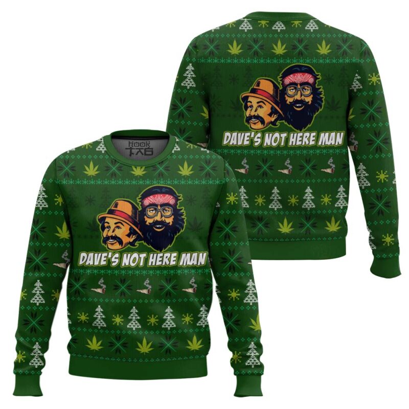 Hooktab Cheech And Chong Dave's Not Here Man Ugly Christmas Sweater Hooktab Cheech And Chong Dave's Not Here Man Ugly Christmas Sweater